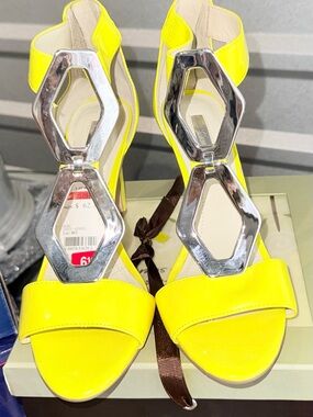 BCBG Neon Yellow Patent Open-Toe Heels with Silver Geometric Accents